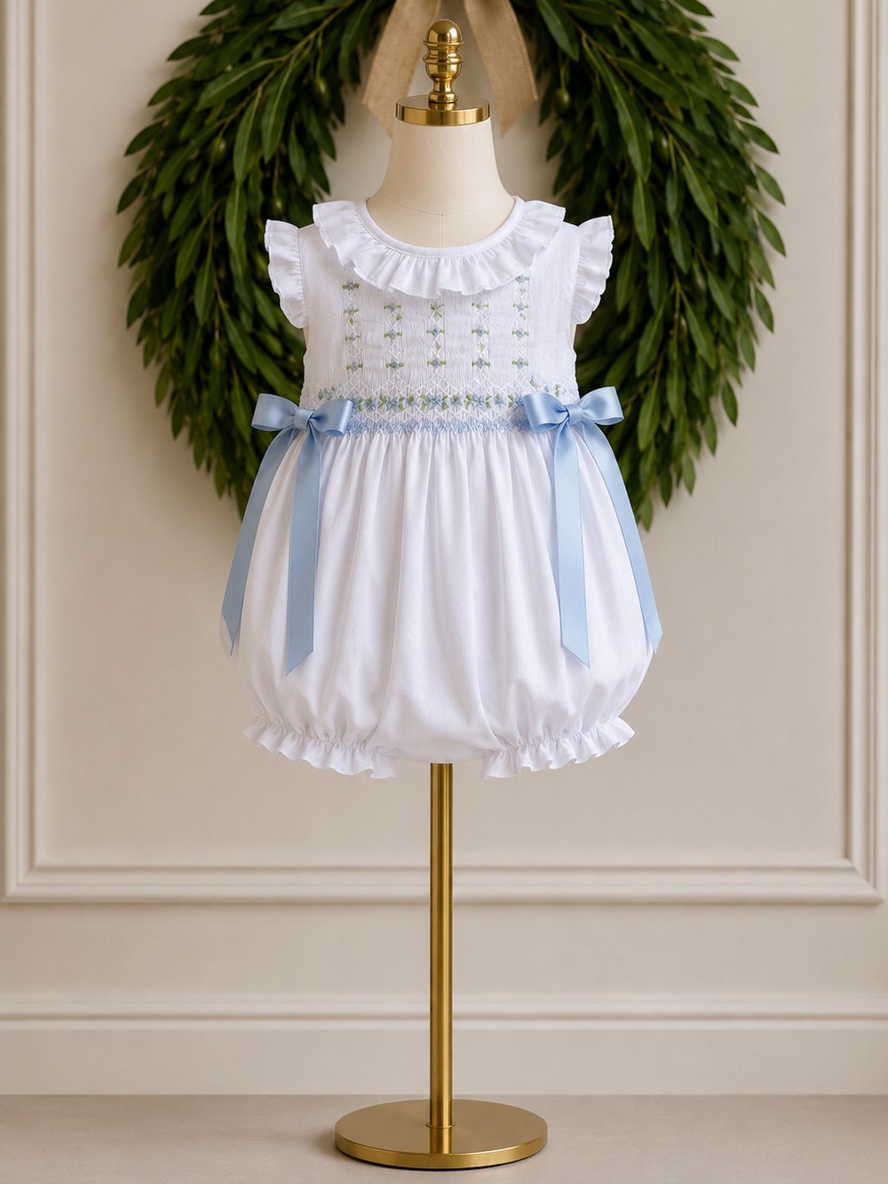 Cecil & Lou NWT White Baby Blue Smocked Bubble Romper Bows 3T